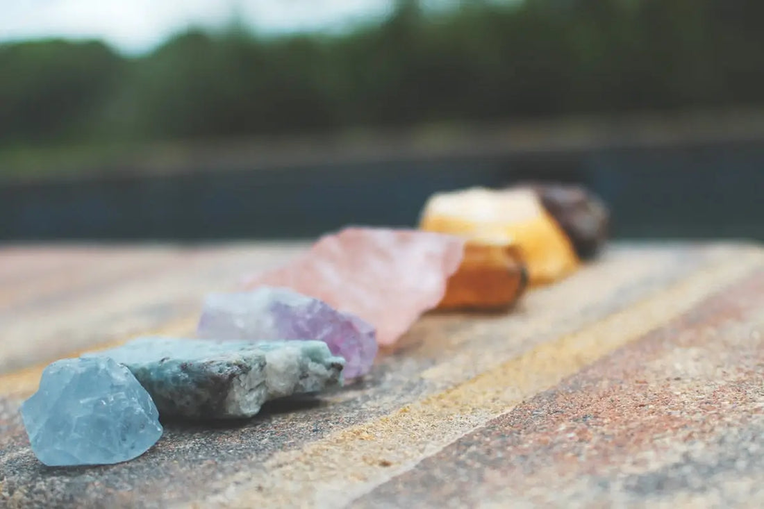 Colorful crystals arranged in a row.