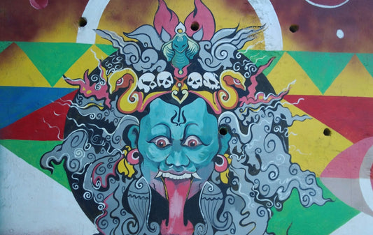 blue red and yellow dragon painting