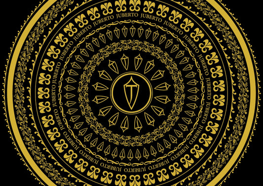 a gold and black circular design on a black background