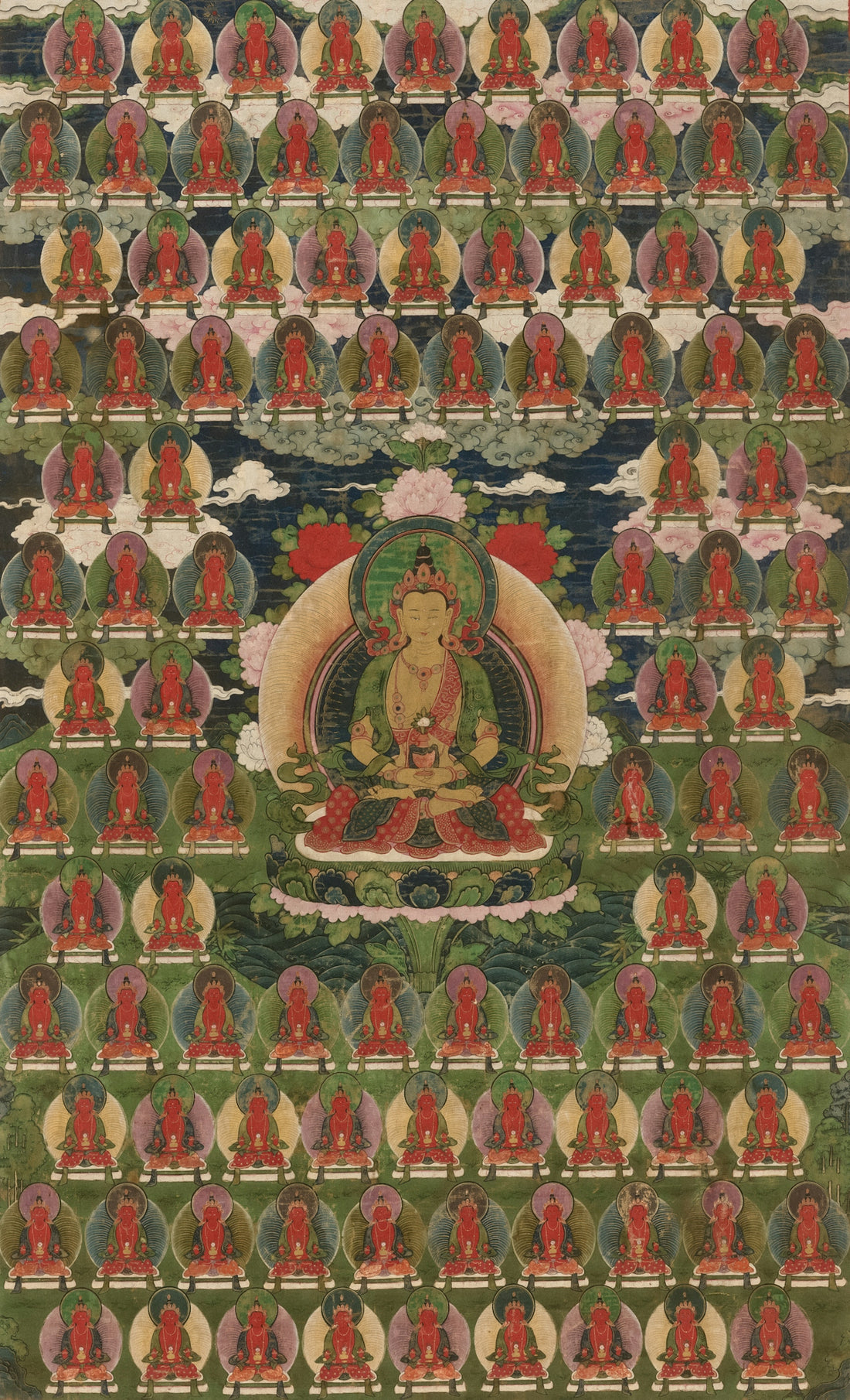 Tibetan thangka painting with many seated buddhas.
