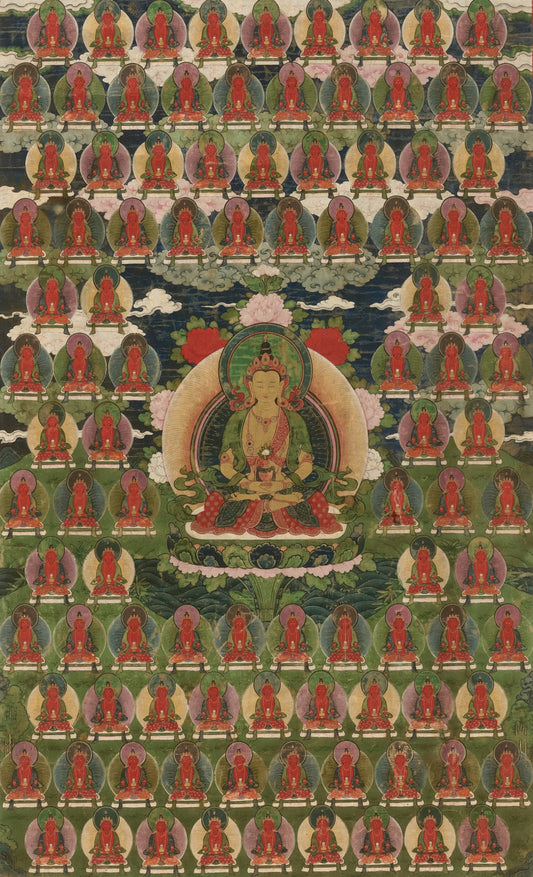 Tibetan thangka painting with many seated buddhas.