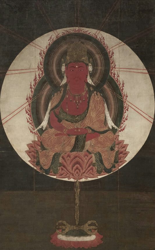 Red deity seated on lotus with radiant halo